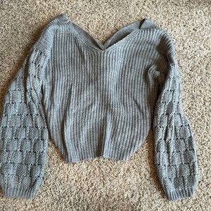 Cropped gray sweater with bubble sleeves and tie in back, size small